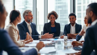 A diverse group of professionals in a boardroom di
