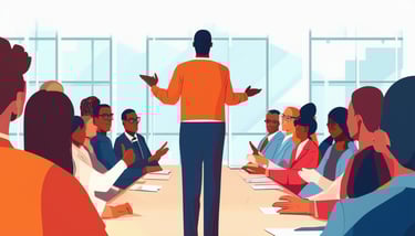 An HOA President leading a community meeting, symb