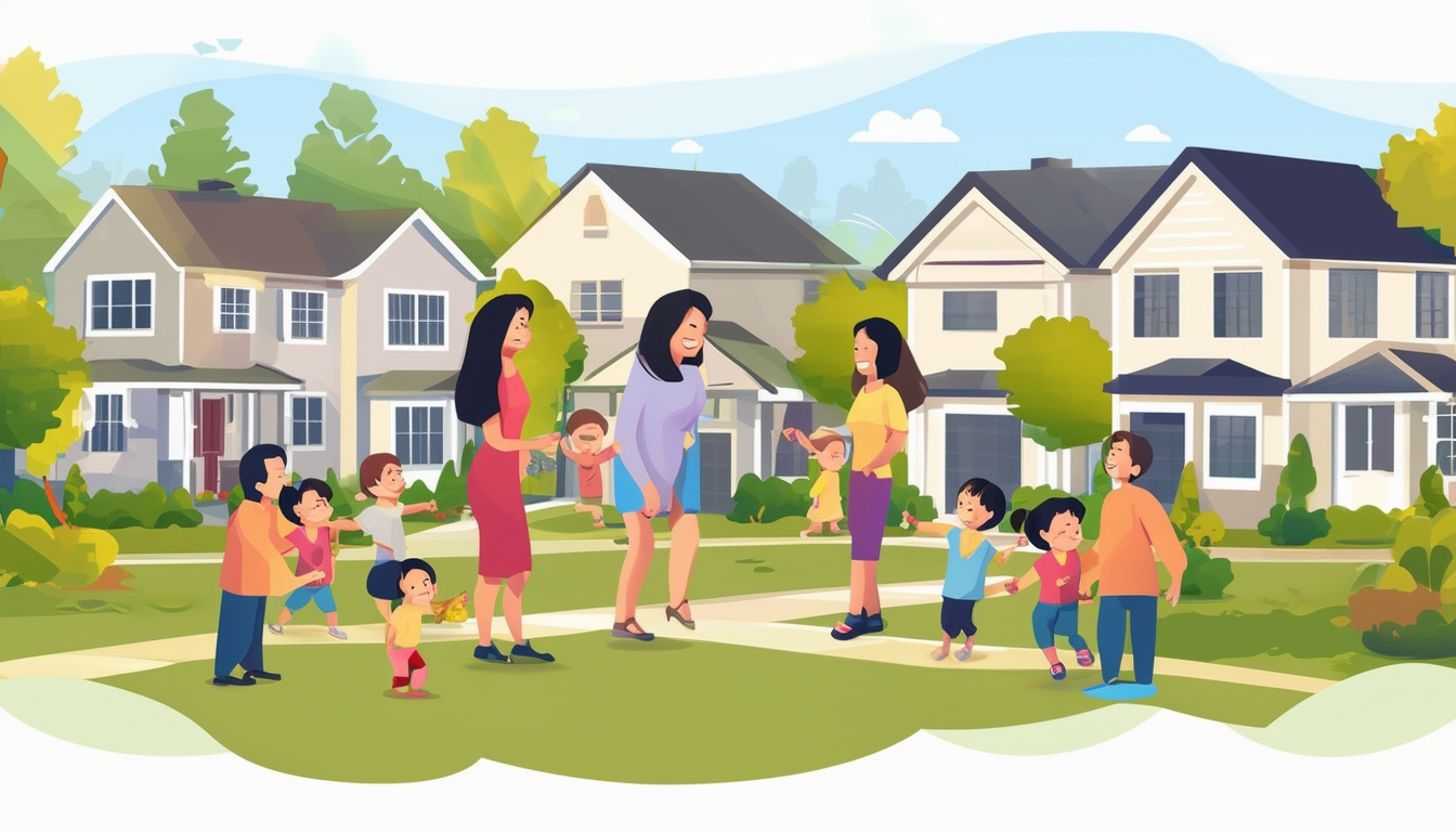 A peaceful residential neighborhood with happy fam